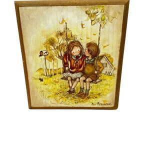 First Kiss in Fall 1970 Vintage Handmade Multicolor Wood Wall Hanging Decoupage